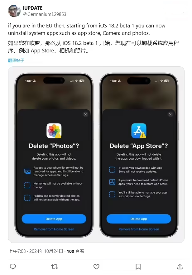 大祥苹果手机维修分享iOS 18.2 支持删除 App Store 应用商店 