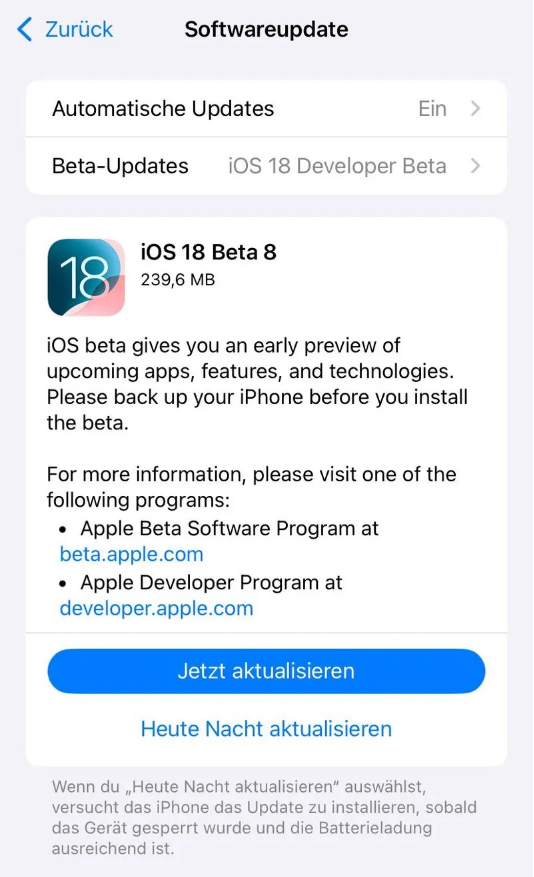 大祥苹果手机维修分享苹果 iOS / iPadOS 18 开发者预览版 Beta 8 发布 